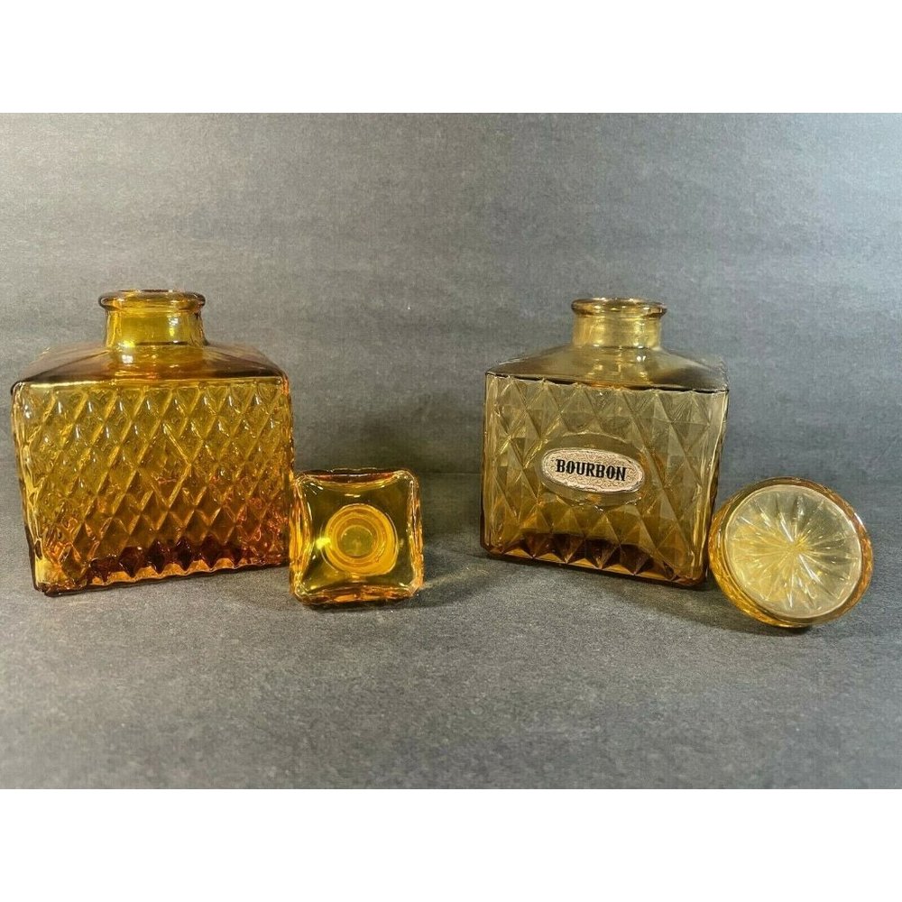 2 vintage Amber diamond glass bar decanters square MCM Mid Century 5 in bourbon
